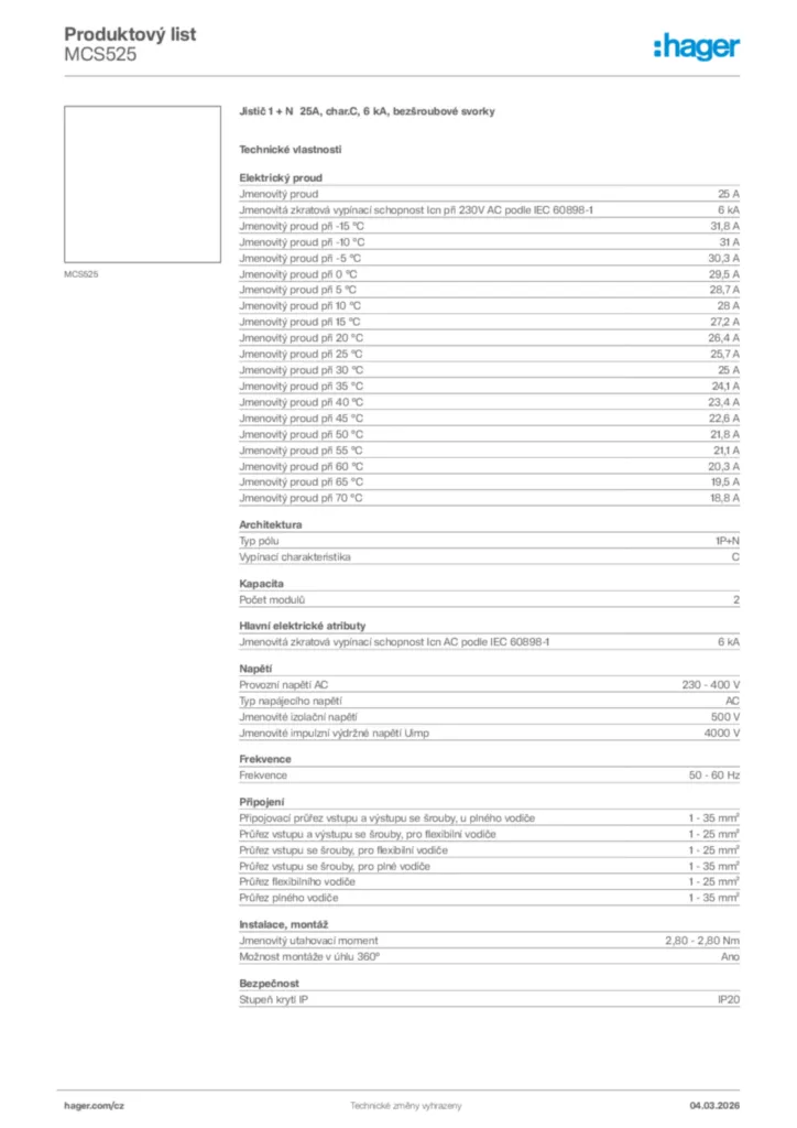 Obrázek Hager Product data sheet MCS525 | Hager