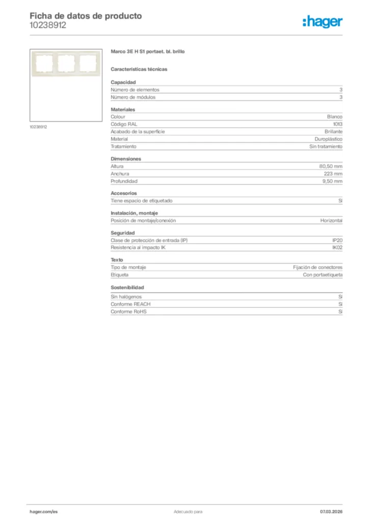 Imagen Hager Ficha de datos de producto 10238912 | Hager España