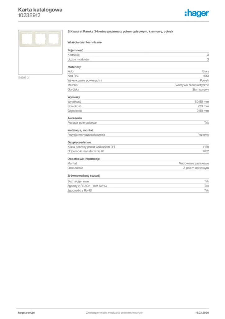 Zdjęcie Hager Karta katalogowa 10238912 | Hager Polska