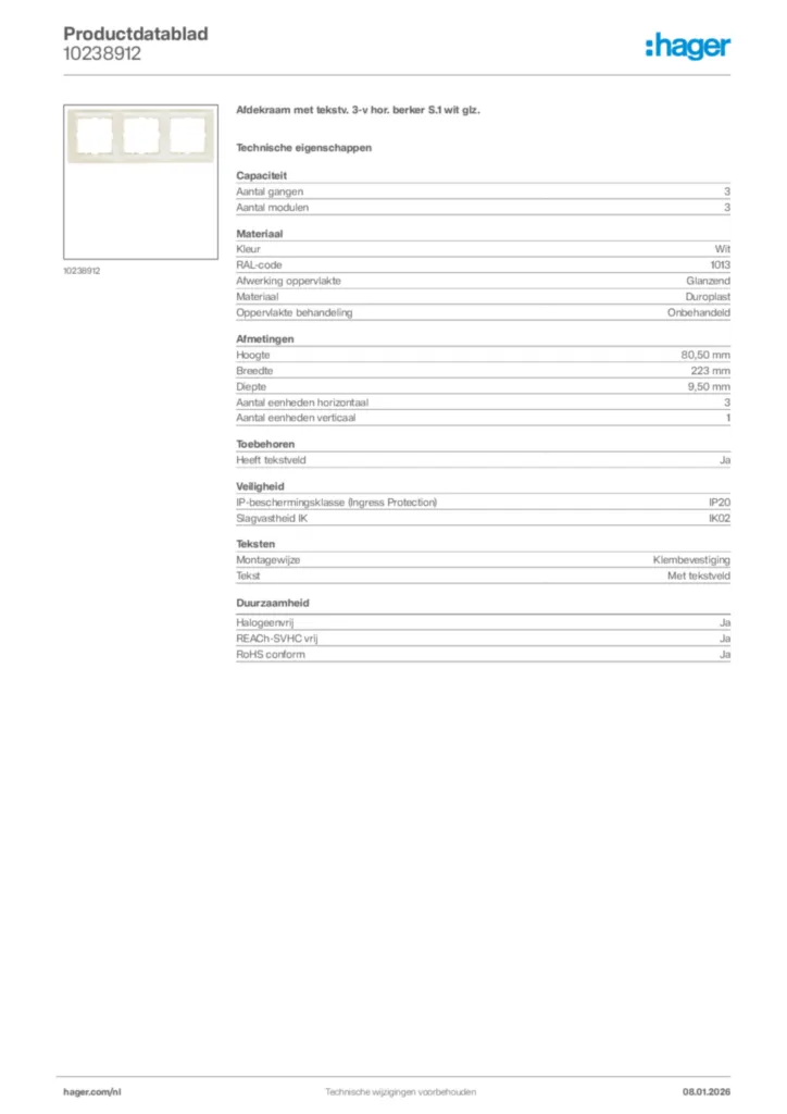 Afbeelding Hager Productdatablad 10238912 | Hager Nederland