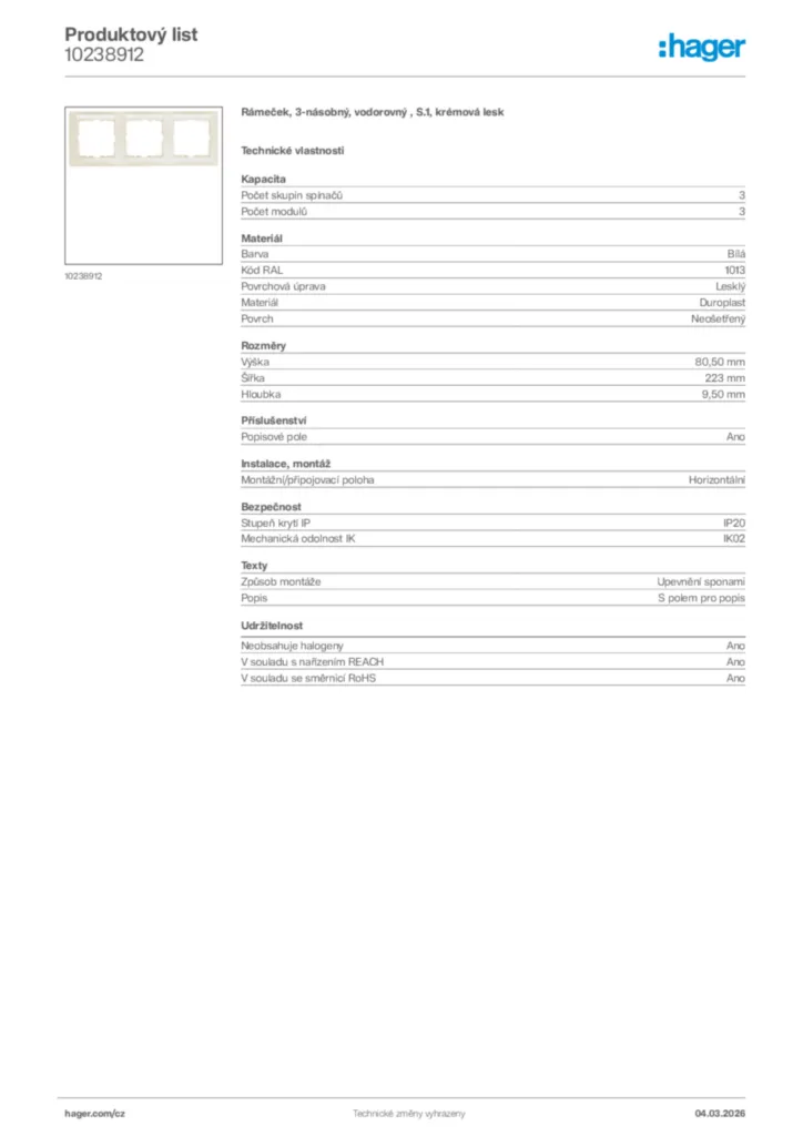 Obrázek Hager Product data sheet 10238912 | Hager