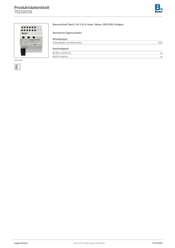 Bild Berker Produktdatenblatt 75313005 | Hager Deutschland