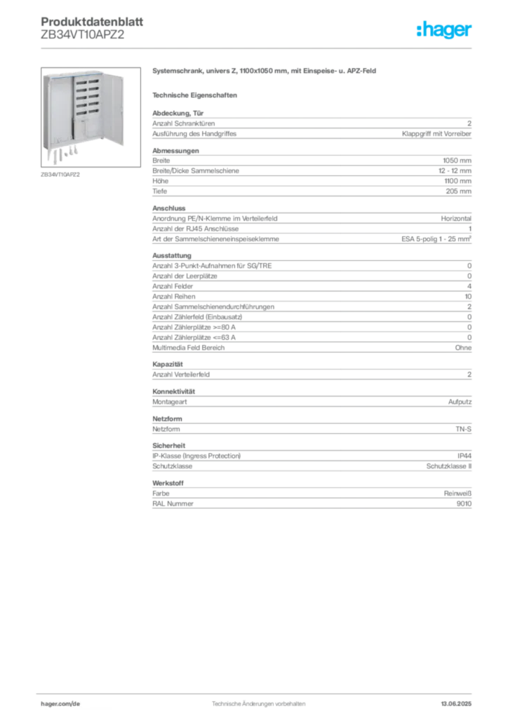 Hager Produktdatenblatt ZB34VT10APZ2