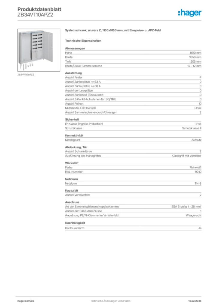 Bild Hager Produktdatenblatt ZB34VT10APZ2 | Hager Deutschland