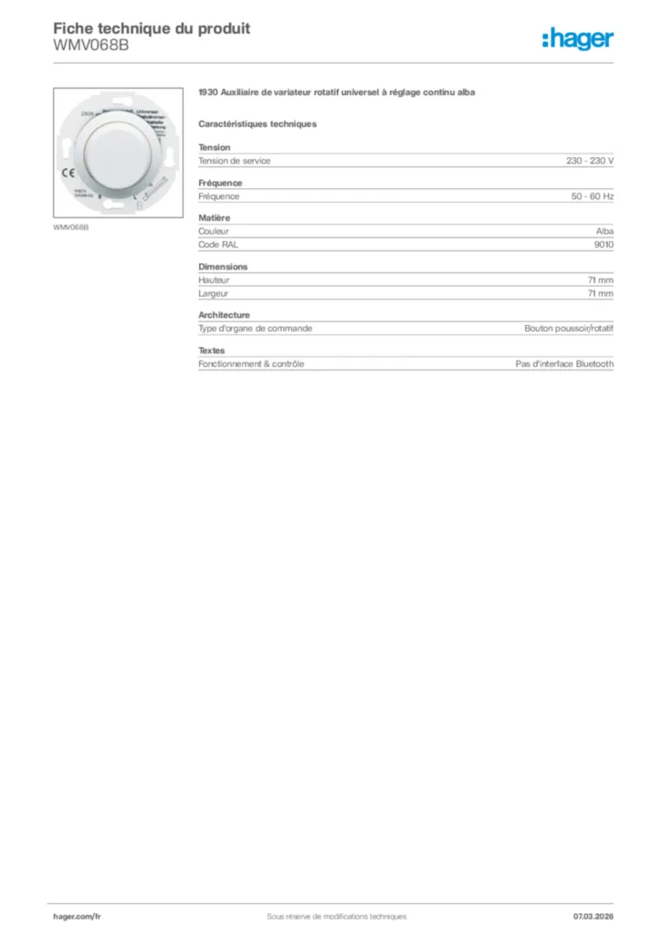Image Hager Fiche technique du produit WMV068B | Hager France