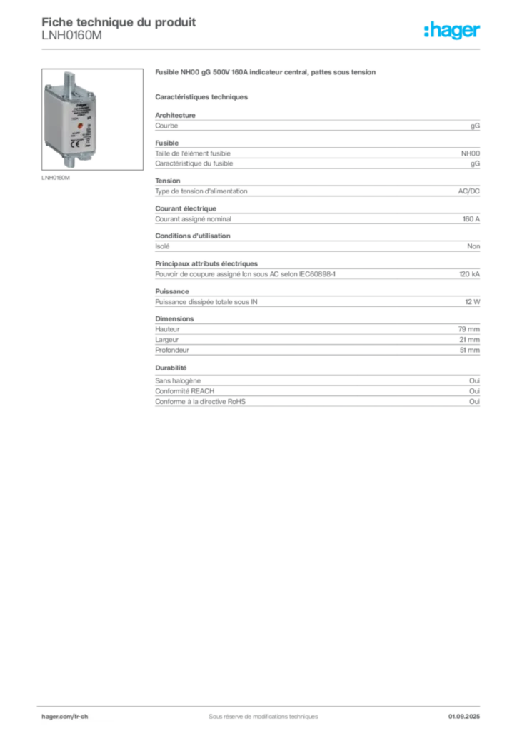 Image Hager Fiche technique du produit LNH0160M | Hager Suisse