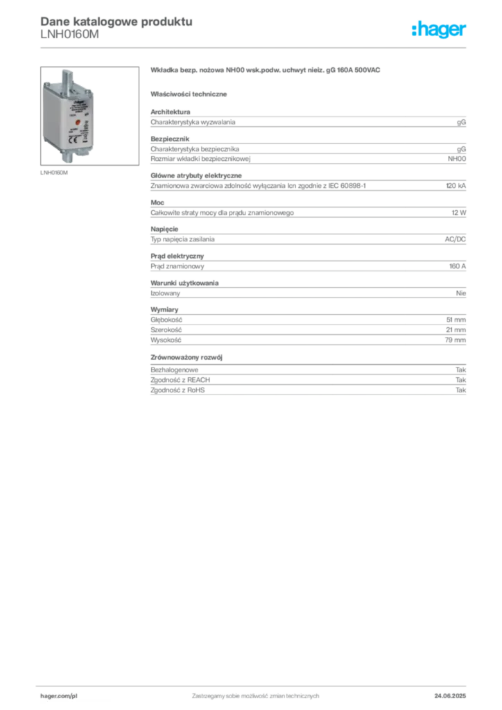 Zdjęcie Hager Karta katalogowa LNH0160M | Hager Polska