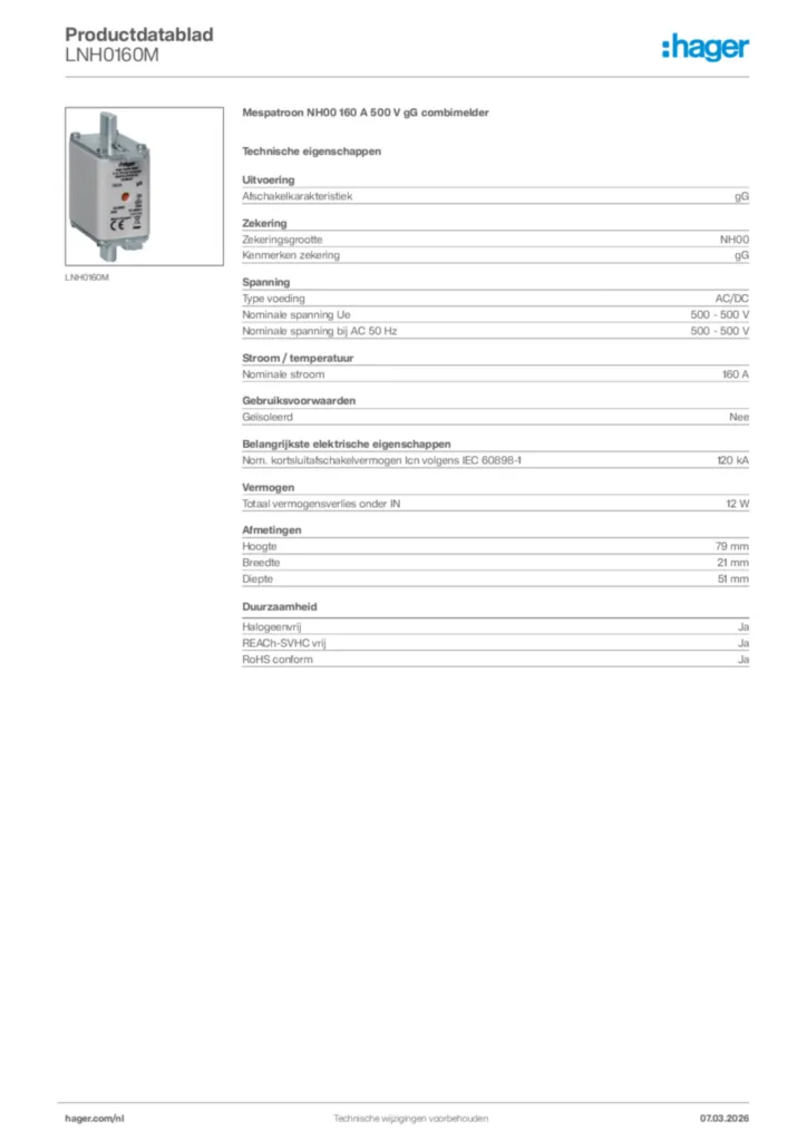 Afbeelding Hager Productdatablad LNH0160M | Hager Nederland