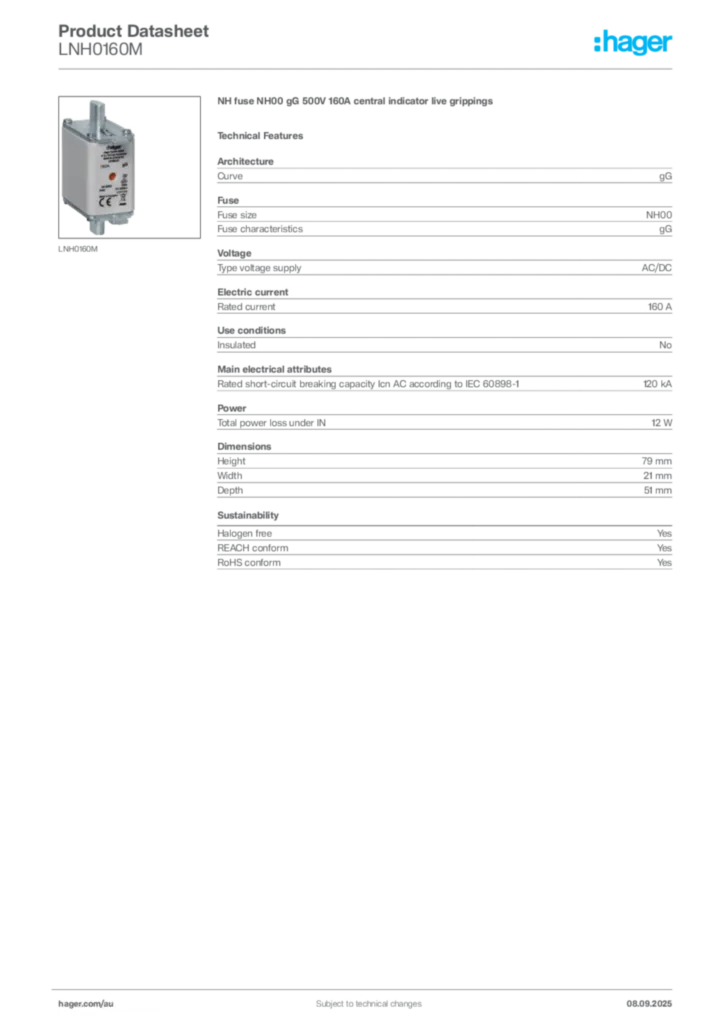 Image Hager Product data sheet LNH0160M  | Hager Australia