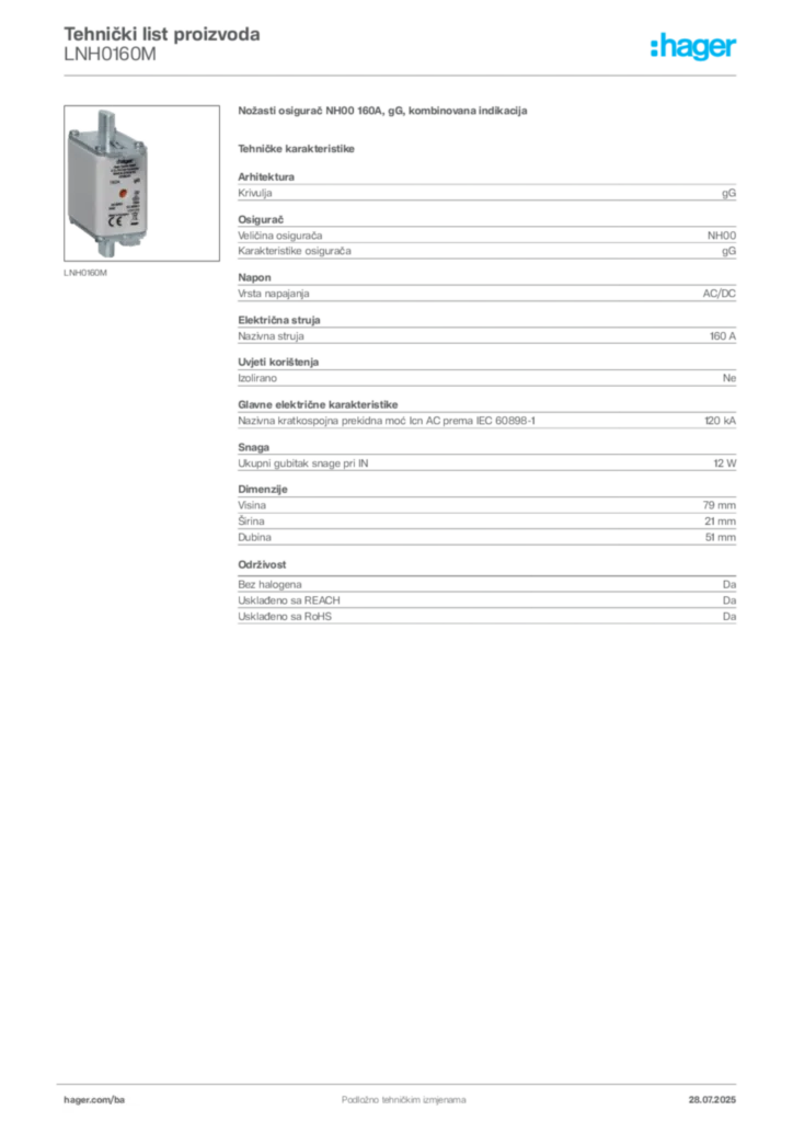 Slika Hager Product data sheet LNH0160M  | Hager