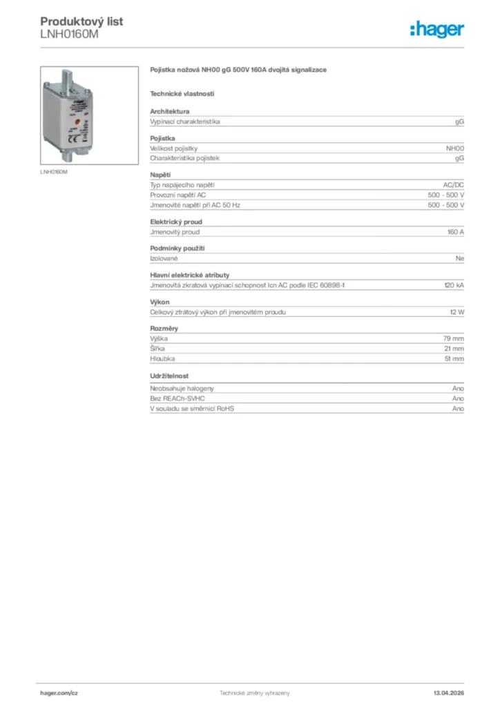 Obrázek Hager Product data sheet LNH0160M | Hager