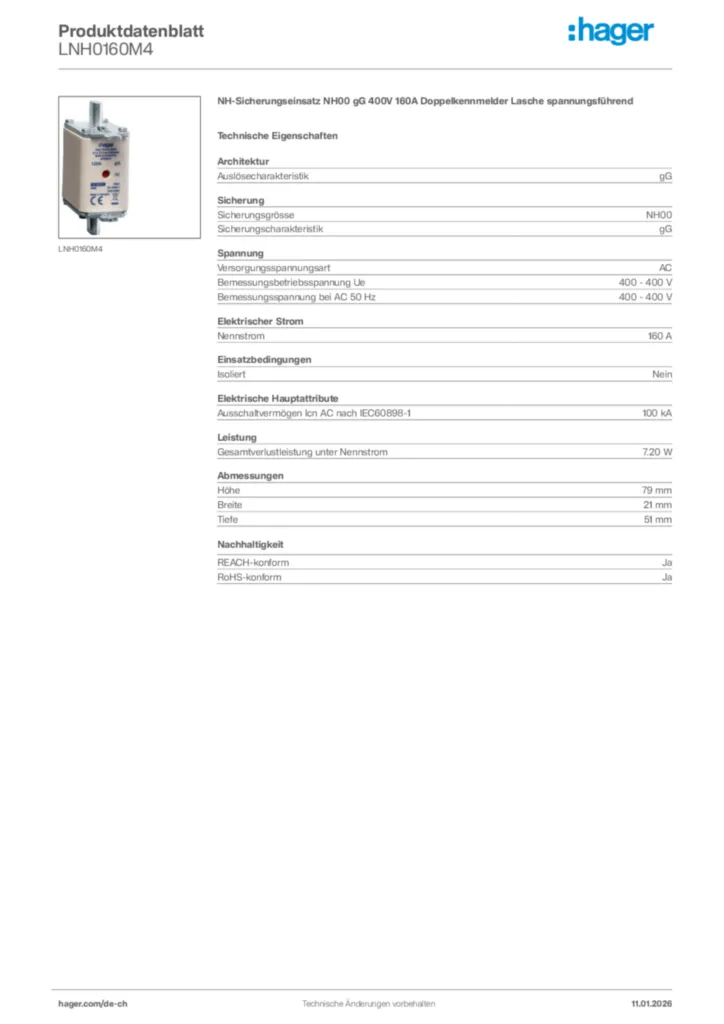 Bild Hager Produktdatenblatt LNH0160M4 | Hager Schweiz