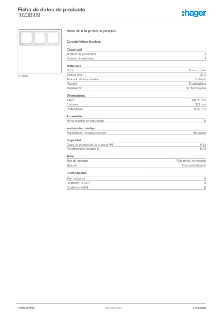 Imagen Hager Ficha de datos de producto 10238919 | Hager España