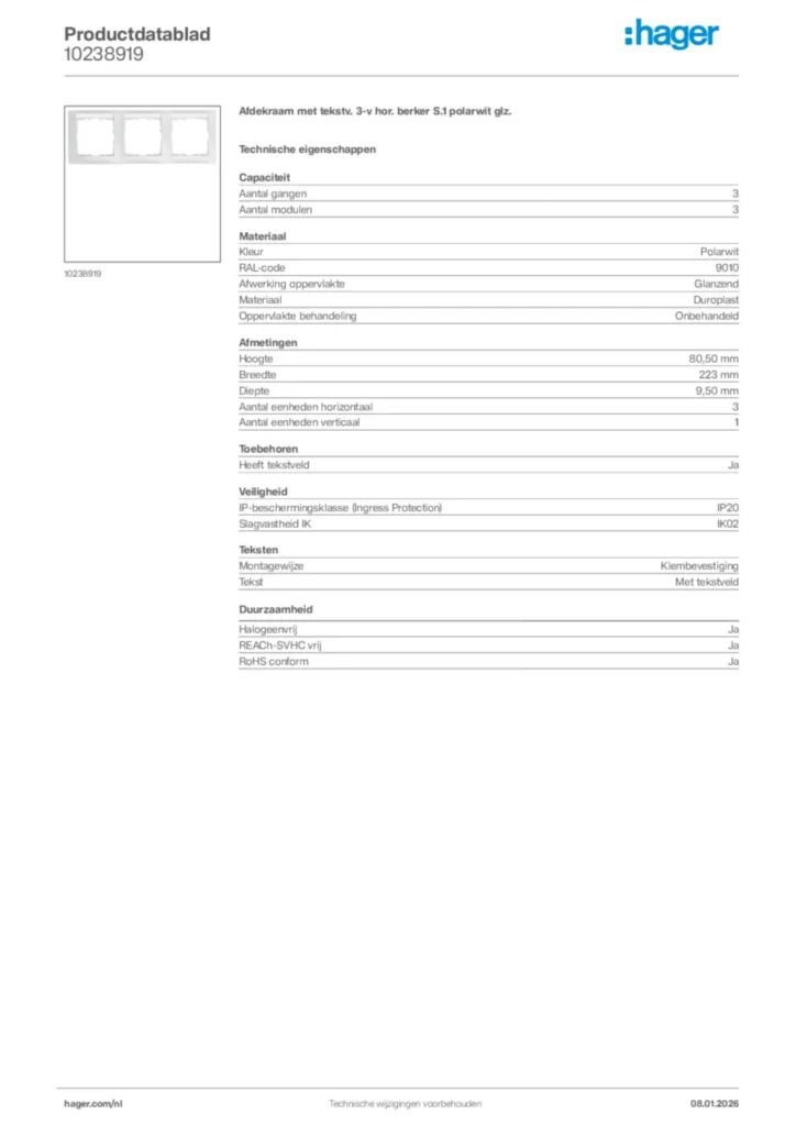 Afbeelding Hager Productdatablad 10238919 | Hager Nederland