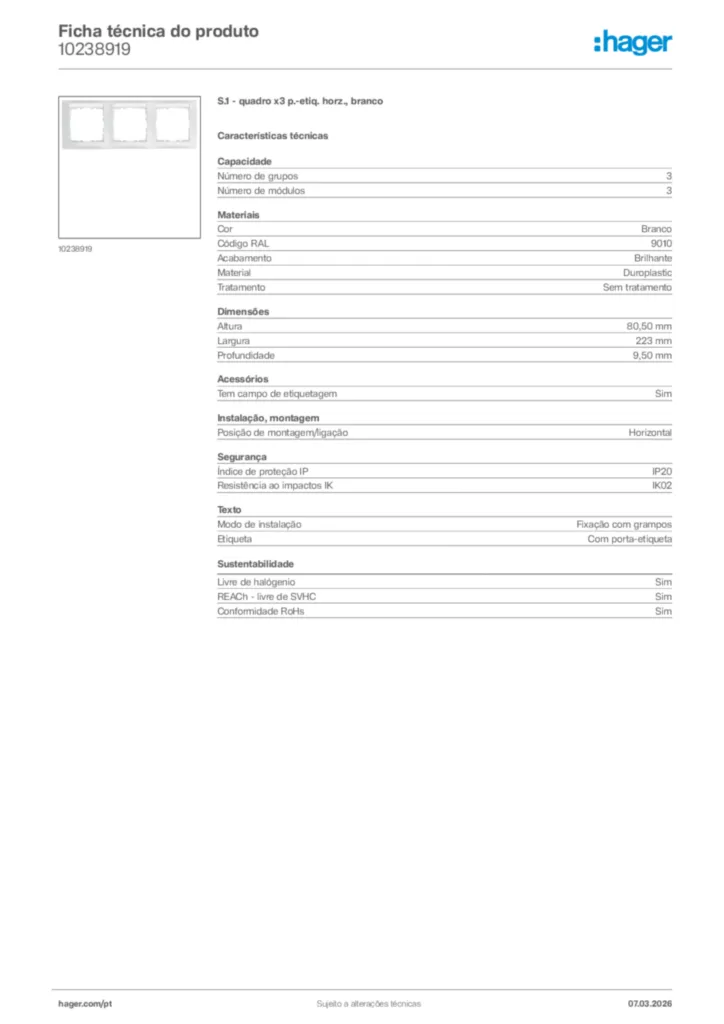 Imagem Hager Ficha técnica do produto 10238919 | Hager Portugal