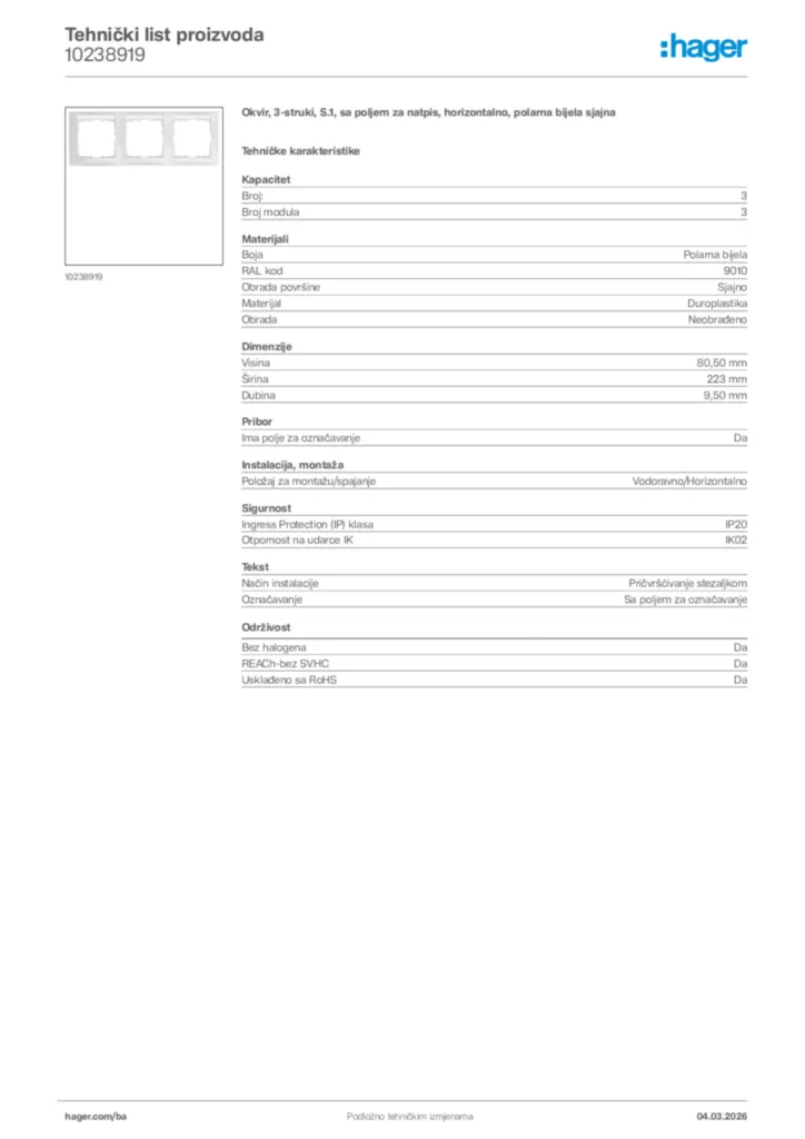 Slika Hager Tehnički list proizvoda 10238919  | Hager