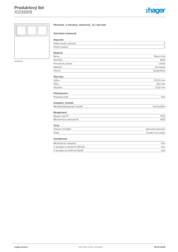 Obrázek Hager Product data sheet 10238919 | Hager