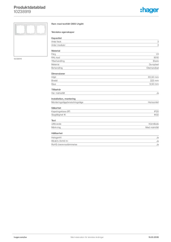 Bild Hager Produktdatablad 10238919 | Hager Sverige