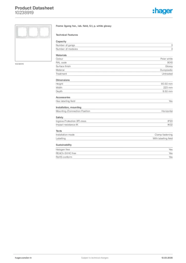 Image Hager Product data sheet 10238919  | Hager