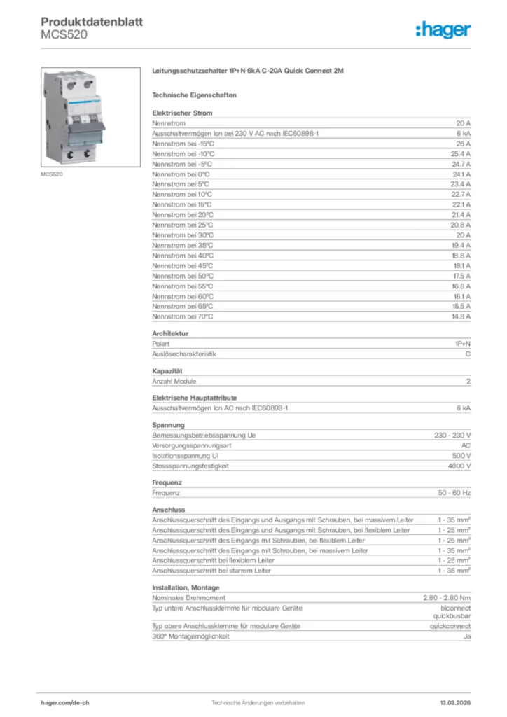 Bild Hager Produktdatenblatt MCS520 | Hager Schweiz