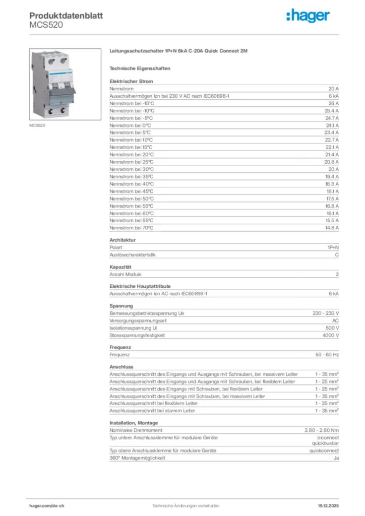 Bild Hager Produktdatenblatt MCS520 | Hager Schweiz
