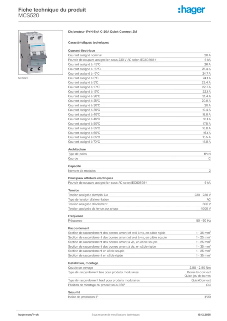 Image Hager Fiche technique du produit MCS520 | Hager Suisse