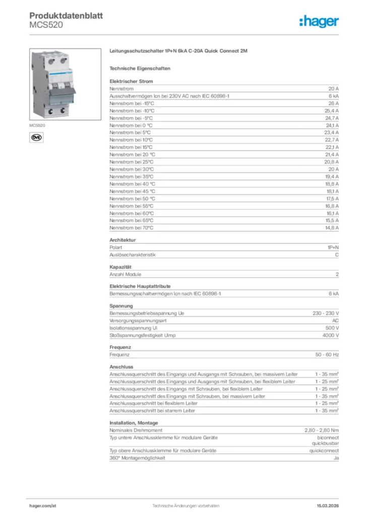 Bild Hager Produktdatenblatt MCS520 | Hager Deutschland