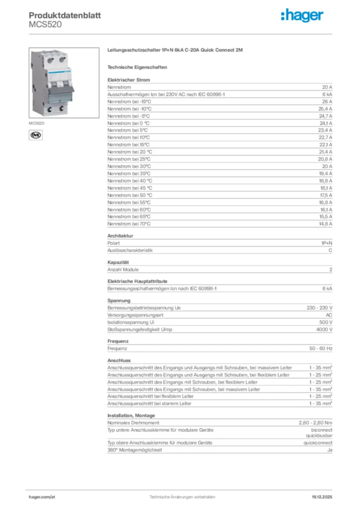 Bild Hager Produktdatenblatt MCS520 | Hager Deutschland