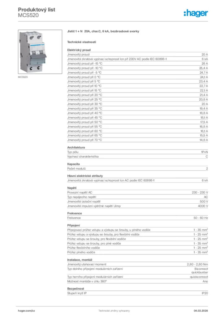 Obrázek Hager Product data sheet MCS520 | Hager