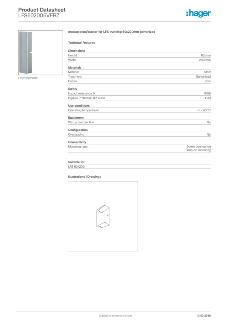 Image Hager Product data sheet LFS602006VERZ  | Hager Africa