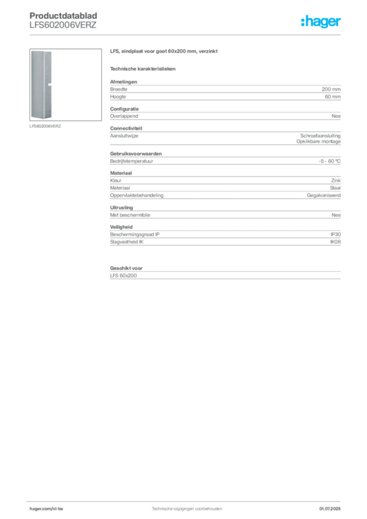 Afbeelding Hager Productdatablad LFS602006VERZ | Hager Belgium