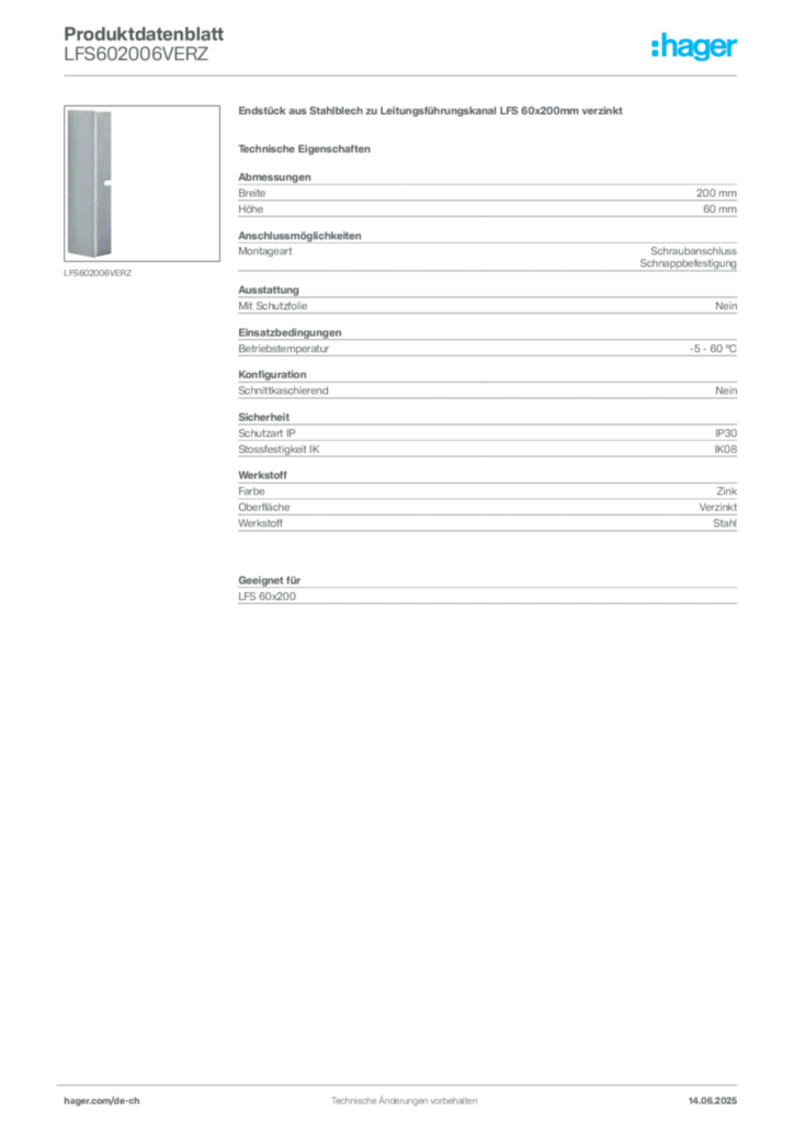 Bild Hager Produktdatenblatt LFS602006VERZ | Hager Schweiz