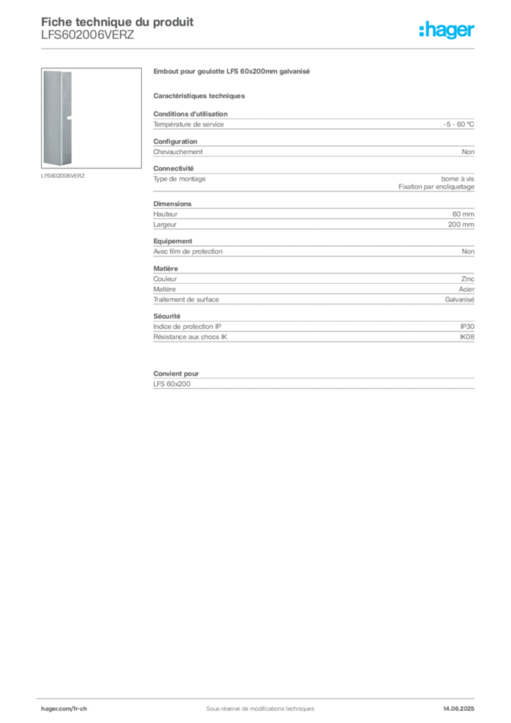 Image Hager Fiche technique du produit LFS602006VERZ | Hager Suisse