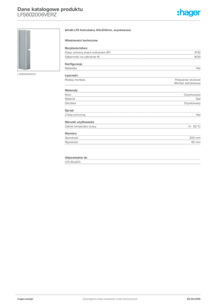 Zdjęcie Hager Karta katalogowa LFS602006VERZ | Hager Polska