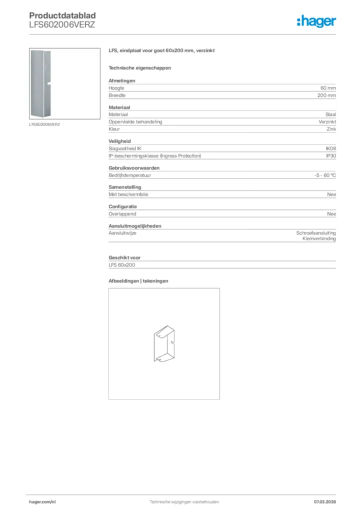 Afbeelding Hager Productdatablad LFS602006VERZ | Hager Nederland