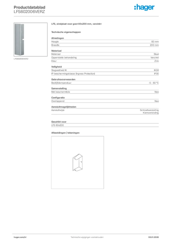 Afbeelding Hager Productdatablad LFS602006VERZ | Hager Nederland