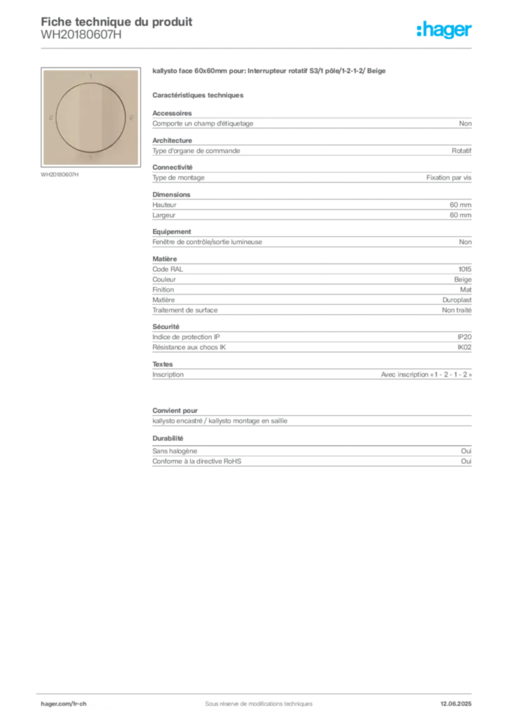 Image Hager Fiche technique du produit WH20180607H | Hager Suisse