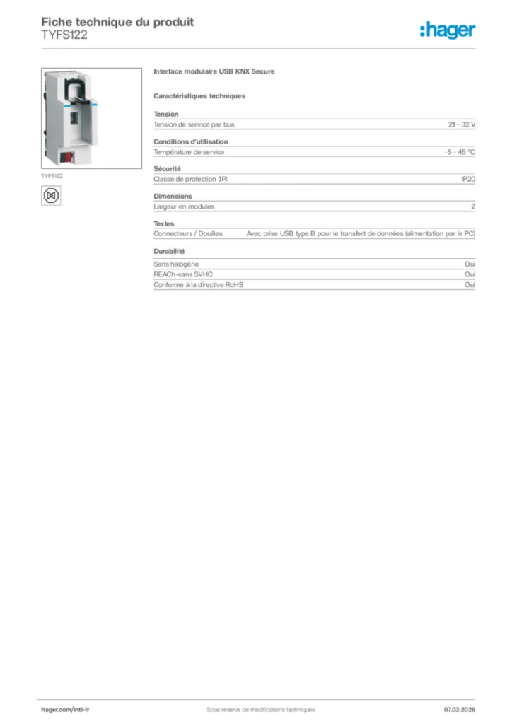 Image Hager Fiche technique du produit TYFS122 | Hager Afrique