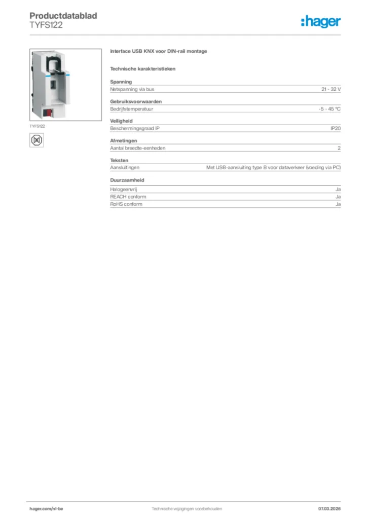Afbeelding Hager Productdatablad TYFS122 | Hager Belgium