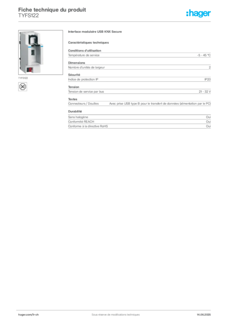 Image Hager Fiche technique du produit TYFS122 | Hager Suisse
