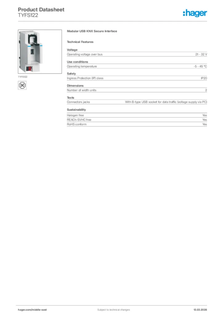 Image Hager Product data sheet TYFS122  | Hager