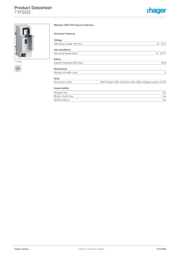 Image Hager Product data sheet TYFS122  | Hager