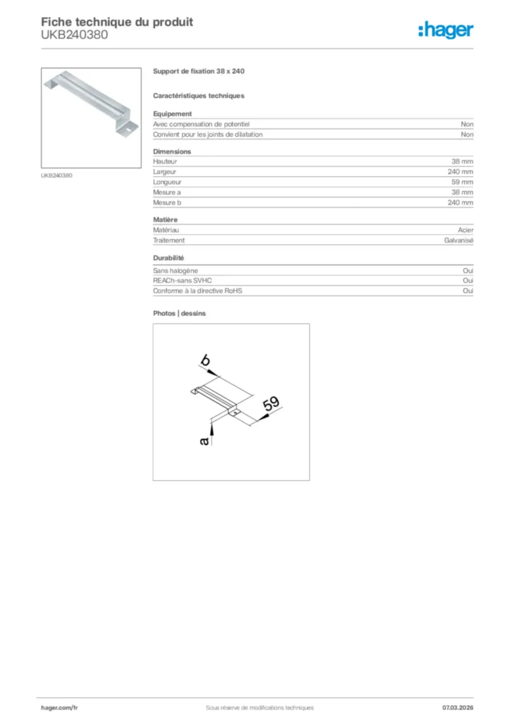 Image Hager Fiche technique du produit UKB240380 | Hager France