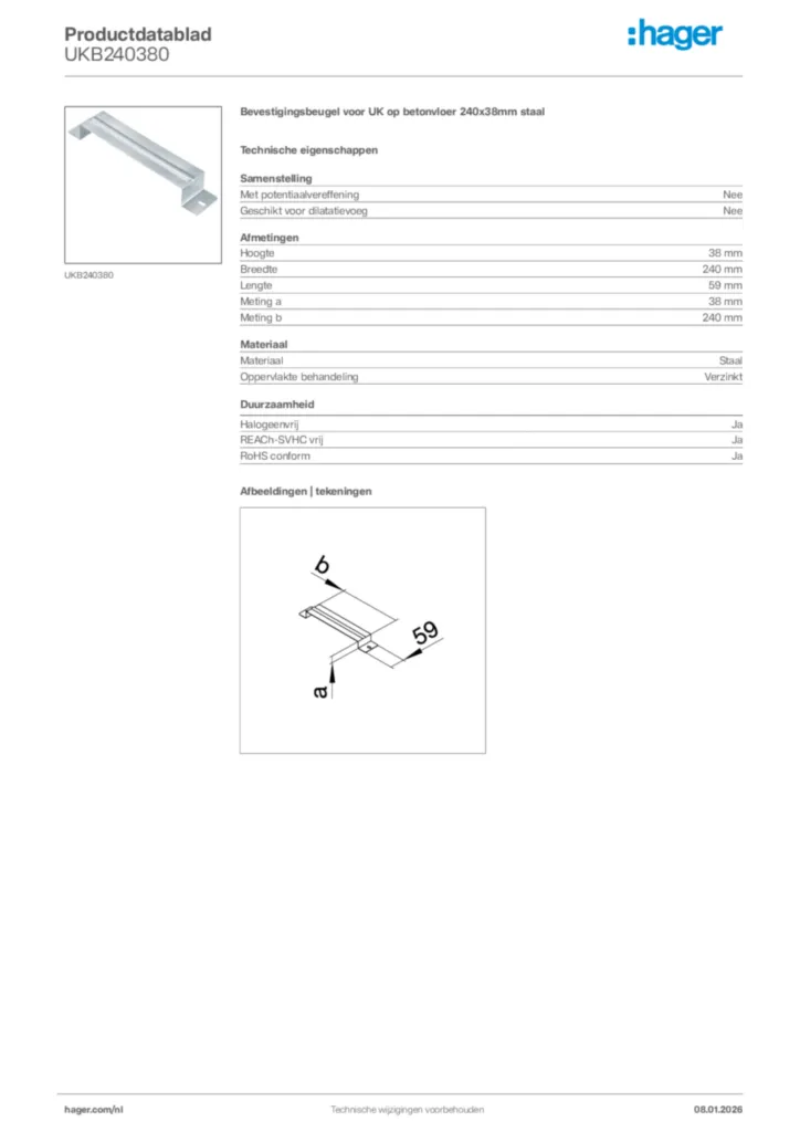 Afbeelding Hager Productdatablad UKB240380 | Hager Nederland