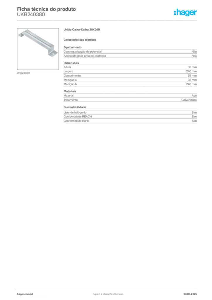 Imagem Hager Ficha técnica do produto UKB240380 | Hager Portugal