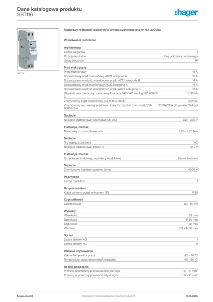 Zdjęcie Hager Karta katalogowa SBT116 | Hager Polska
