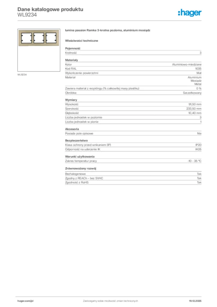 Zdjęcie Hager Karta katalogowa WL9234 | Hager Polska