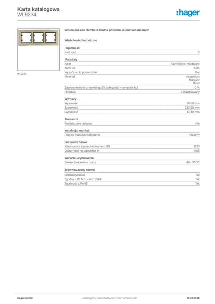 Zdjęcie Hager Karta katalogowa WL9234 | Hager Polska