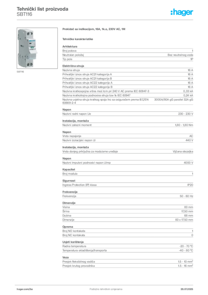 Slika Hager Product data sheet SBT116  | Hager