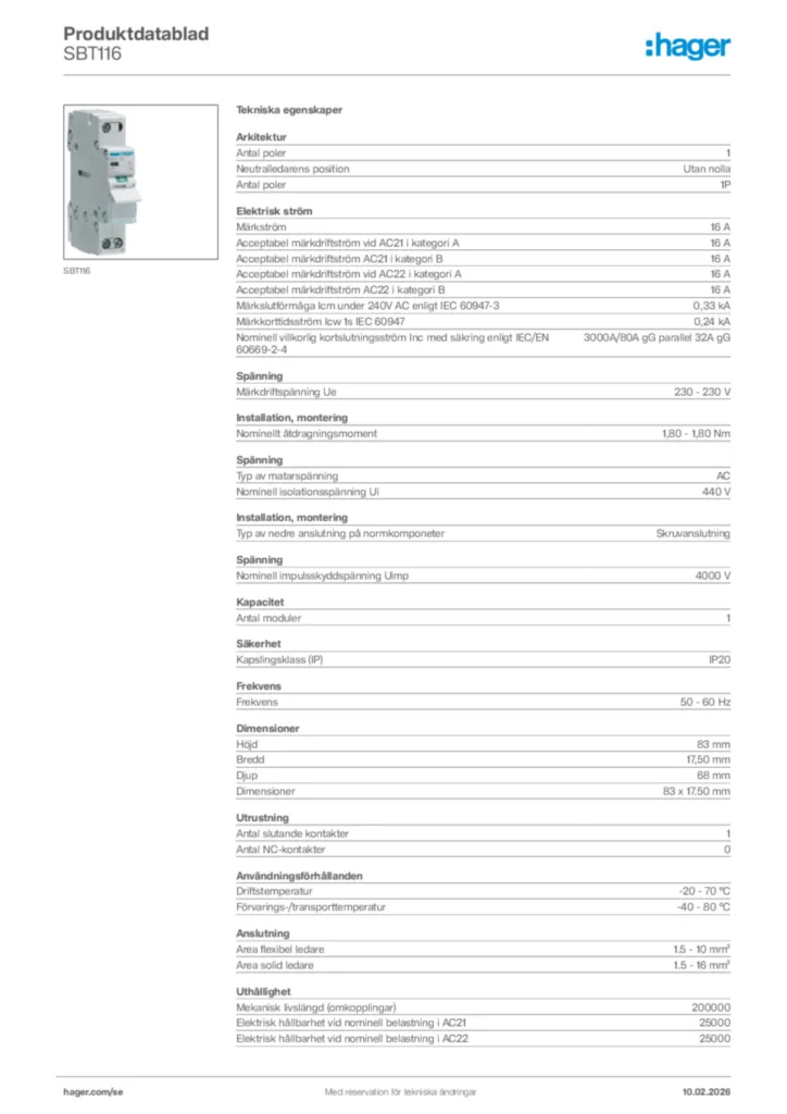 Bild Hager Produktdatablad SBT116 | Hager Sverige